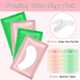 10 Rolls Eyelash Extension Eye Tape and 50 Pairs Eyelash Lash Extension Patches, Adhesive Eyelash Tape Green Pink Lash Tape Eyelashes Grafting Breathable Patch Under Eye Gel Pads for Lash Extension
