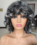 Annivia Black with Grey Highlights Short Afro Curly Wigs with Bangs for Women Kinky Curly Hair Wig for Black Women 2 Tone Ombre Grey Big Bouncy Fluffy Curly Wig