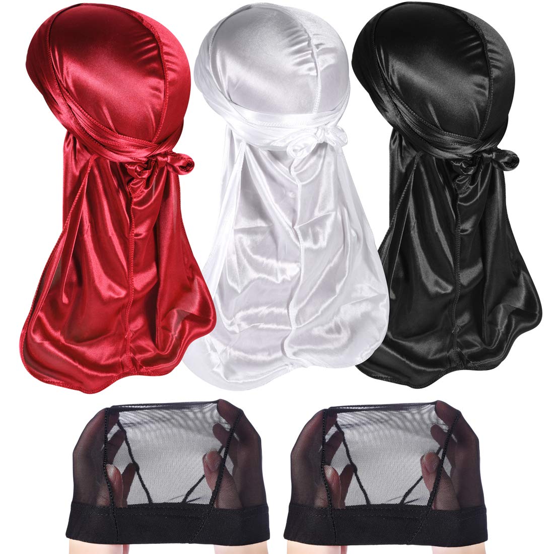 3+2 Silky Durag & Wave Cap Sets, Satin Doo Rags Compression Cap Pack for Men, K
