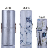 EMOCCI Makeup Brushes Holder Large Capacity Traveling Marble Make Up Brush Case Organizer Cosmetic Cup Cylinder Storage Box Bag Vegan Pu Leather Round(white)