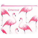 Omorose Cosmetics Womens Girls Small Cute Makeup Toiletry Beauty Zipper Zip Closure Portable Accessory Organizer Storage Pencil Holder Travel Flamingo Print Cotton Canvas Purse Pouch Bag, White & Pink