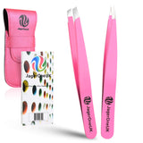 JagerOneUk Stainless Steel 2-piece Tweezers Set with Leather Pouch | Unisex Professional Eyebrow Tweezers | Best for Plucking Precision Chin Facial Hairs with Anti Slip Grip - Pink