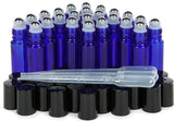 GreenHealth, 24, 10 ml Glass Roll-on Bottles with Stainless Steel Roller Balls. 3-3 ml Pipettes included (24 Pack, Cobalt Blue)