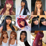 Connie Straight Black Wig With Bangs 24 Inch None Lace Front Wigs Full Machine Made Human Hair Wigs 130% Density