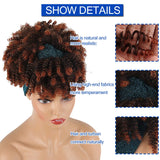 Aisaide Curly Wigs for Black Women,Headband Wigs with Bangs Wrap Wig 2 in 1 Synthetic Short Afro Kinky Curly Wig with Headband Attached Headwrap Wigs Drawstring High Afro Puff Brown Curly Wig Turban Wig