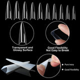 1000PCS Long Stiletto Nail Tips Acrylic Nails Artificial Half False Flake Nail Tips 10sizes with Clear Plastic Cases for Nail Salon Nail Shop Diy Nail Art Ballerina Nails (Clear+Natural)