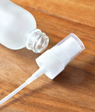 2 oz Frosted Clear Glass Boston Round White Fine Mist Spray Bottle (12 pack) + Funnel for essential oils, aromatherapy, food grade, bpa free