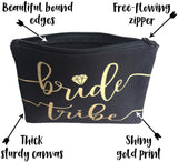 3pc Bride Tribe Makeup Bags - Bridesmaid Favor for Bachelorette Party, Bridal Shower, Wedding. Also Great as Toiletry Bag, Wedding Survival Kit, Hangover Kit, Keepsake (3pc Pack, Black & Gold)