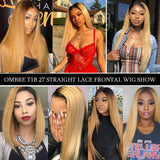 Straight Lace Front Wigs Full Ends 150% Density Lace Frontal Closure Wigs Ombre Color 1B27 Glueless Brazilian Human Hair Lace Wig with Natural Hairline Bleached Knots 14inch