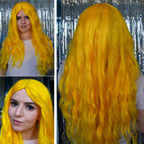 Benegem 26 inch Yellow long Wavy Wig Synthetic Deep Wave Curly Middle Part Wig for Halloween Party Daily Wear