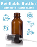 1 oz / 30 ml Amber Glass Boston Round Bottle with Black Treatment Pump (8 Pack) + Clear Travel Bag and Funnel