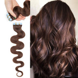20 PCS Rooted Tape In Hair Extensions Human Hair Invisible Seamless Skin Weft Body Wave Highlight Double Side Tape Remy Human Hair Extensions Balayage Wavy For Women (20'',50g/20pcs,#4 Medium Brown)
