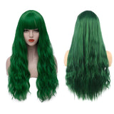 Womens Long Curly Wavy Green Wigs with Bangs Cosplay Costume Full Wigs Synthetic Fiber Replacement Heat Resistant Party Hair Wigs with Wig Cap