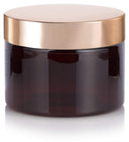 Amber PET Plastic (BPA Free) Refillable Low Profile Jar with Gold Metal Overshell Lid - 12 oz (6 Pack) + Spatulas