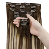 Balayage Hair Extensions Clip in Human Hair LaaVoo Brown Extensions Clip in Real Hair Color Dark Brown Fading to Caramel Blonde Mixed Brown Clip in Remy Hair Extensions 18Inch 7pcs/120g