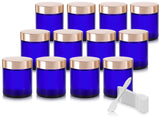 Cobalt Blue Thick Glass Straight Sided Jar with Gold Metal Overshell Lid - 4 oz / 120 ml (12 pack) + Spatulas
