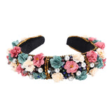 Padded Velvet Flower Rhinestone Headband - Crystal Baroque Padded Hairband with Flowers Embellished Hair Hoop Race Goth Wedding Party Headpiece (Colorful+Gold)