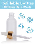 1 oz / 30 ml Frosted Clear Glass Boston Round Bottle with Gold Metal and Glass Dropper (4 pack) + Funnel