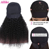 Allike Headband Wigs Human Hair Wigs for Black Women 9A Brazilian Human Hair Curly Wigs Glueless Half Wig with Headband Attached 150% Density Natural Color(22 Inch)