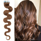 20 PCS Rooted Tape In Hair Extensions Human Hair Invisible Seamless Skin Weft Body Wave Highlight Double Side Tape Remy Human Hair Extensions Balayage Wavy For Women (16'',50g/20pcs,#6 Light Brown)
