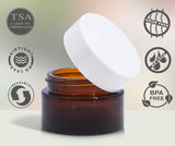 0.50 oz / 15 ml Amber Glass Heavy Base Thick Wall Professional Balm Jars with Smooth White Lid (6 Pack) + Spatulas