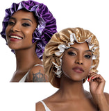 Silk Bonnet for Women Satin Bonnet for Curly Hair Sleep Cap Double Layer Large Silk Hair Bonnet for Black Women Natural Hair (One Size, Purple+Champagne)