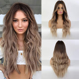 Blonde Unicorn Ombre Brown Hair Wig Synthetic Long Curly Hair Wigs for Women Middle Part Hair Replacement Wig with Bangs(10/22T85-8)