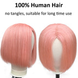 Colored Bob Wigs Human Hair Middle Part Brazilian Virgin Real Hair Wigs 180% Density None Lace Frontal Machine Made Wigs No Glue No Gel Human Hair Bob Wig Silky Straight Peach Pink 14 Inch