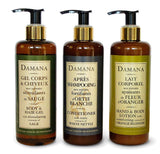 DAMANA Organic Bath Line Set of 3,10.1 Ounce Bottles - Hand & Body Lotion, Body & Hair Gel, Hair Conditioner