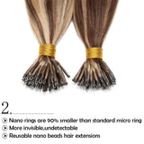 SEGO Nano Ring Bead Hair Extension 100% Remy Human Hair Extension Pre-bonded Micro Nano Rings Beads Loop Hand Tied Hairpiece Straight 24 Inch #4P27 Medium Brown&Dark Blonde 1g/strand 50g/pack