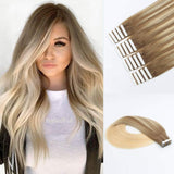Lovrio Remy Human Hair Blonde Highlights Tape-in Extensions, Balayage Color Chestnut Brown Fading to Bleach Blonde, Real Remy Human Hair 50 Gram 18 Inch 20 Pieces