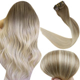 Fshine 18 Inch Clip In Hair Extensions Balayage Remy Real Human Hair Extensions Pastel Clip in Hair Color 8 Light Brown Fading to 60 White Blonde Full Head 100 Gram 10Pcs Per Set Clip Ins