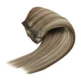 Sunny Clip in Hair Extensions Human Hair 14 Inch Double Weft Clip in Extensions Light Brown Highlights Blonde Hair Extensions Clip in Human Hair 7pcs 120g