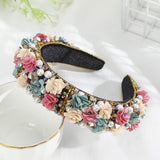 Padded Velvet Flower Rhinestone Headband - Crystal Baroque Padded Hairband with Flowers Embellished Hair Hoop Race Goth Wedding Party Headpiece (Colorful+Gold)