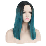 DAOTS Ombre Wig Green Mixed Blue Synthetic Wigs Black Roots Middle Part Straight Wig No Bangs with Wig Cap Heat Resistant Bob Wigs for Women Halloween Costume Cosplay (Green Mixed Blue)