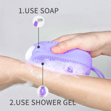 Silicone Back Scrubber for Shower, Updated Long Exfoliating Bath Body Brush, Easy to dry and Soft Massage Skin Bath Towel with Sponge Bubble Brush, Improves Skin's Health and Beauty (purple)