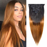 Feelgrace Clip in Hair Extensions Straight Hair for Women, 1B/30 Real Human Hair Double Weft Thick to Ends Clips ins Hair Extension, 1B/Brown Clip in Straight Hair Extension (18 inches)