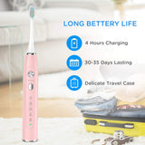 Sonic Electric Toothbrush, Travel Rechargeable Toothbrush for Adults Kids with 5 Modes and 3 Intensity Levels, Waterproof, USB Fast Charging, Smart Timer,4 Brush Heads & Travel Case Included-Pink