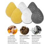 Konjac Facial Sponge (6 Pack) Individually Wrapped Pure (White), Bamboo Charcoal (Black), and Turmeric (Yellow) Konjac Drop Shape Sponges Offer a Gentle Cleansing Experience for Softer Skin