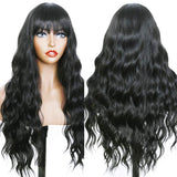 Fugady Hair Long Wavy Black Wigs With Side Bangs Synthetic Body Wave Fiber Wig Natural Curly Heat Resistant Full Machine Made Wig For Black Women Daily Cosplay Party