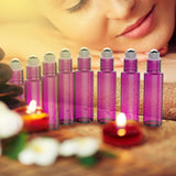 Essential Oil Roller Bottles [Metal Chrome Roller Ball] FREE Plastic Pippette, Funnel and Bottle Opener Refillable Glass Color Roll On for Fragrance Essential Oil - 10 ml 1/3 oz (8 PACK, PURPLE)