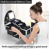 Joligrace Makeup Train Case Organizer Box Professional Multi-Purpose Cosmetic Storage with Sliding Trays, Polish Slots & Mirror, Portable Lockable with Keys, Large Black