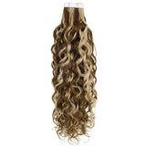 Easyouth Tape in Curly Hair Extensions Human Hair Natural Wave Hair Highlight Color Chocolate Brown Mixed Honey Blonde Hair Extensions Natural Wave 16 Inches 50g 20Pcs