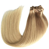 22 Inch Hair Extension Brown to Blonde Clip in Human Hair Extensions 120g 7pcs Thicken Double Weft Full Head Straight Ombre Balayage Clip on Real Remy Extensions