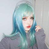 aiyaya Long Mixed Color Wigs Bangs - Natural Synthetic Hair Lolita Wig with Wig Cap for Women Cosplay and Daily Wear (Blue Green Ombre)