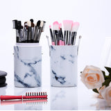 EMOCCI Makeup Brushes Holder Large Capacity Traveling Marble Make Up Brush Case Organizer Cosmetic Cup Cylinder Storage Box Bag Vegan Pu Leather Round(white)