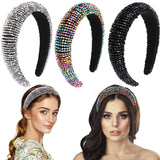 3 Pieces Padded Rhinestone Headband Crystal Beaded Headband Wide Glitter Crystal Beaded Hairband Padded Wedding Headpiece Wide Edge Headwear for Women Girls (Black, Colorful, Grey)