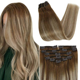 VeSunny Blonde Ombre Brown Clip in Hair Extensions Real Human Hair Double Weft Hair Extensions Silky Straight Natural Remy Hair Soft 14 Inch 7PCS 120 Grams