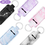 20 Pieces Clip-on Chapstick Sleeve Pouch Lipstick Holder Keychain Elastic Lip Balm Holster Marble Neoprene Chapstick Holder with Metal Ring for Travel Accessories
