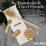 Mockins Natural Boar Bristle Body Brush Set with Detachable Cellulite Massage Brush and Long Wooden Handle for Dry Brushing Perfect Kit to Exfoliate and Get Rid of Cellulite - Gift Set